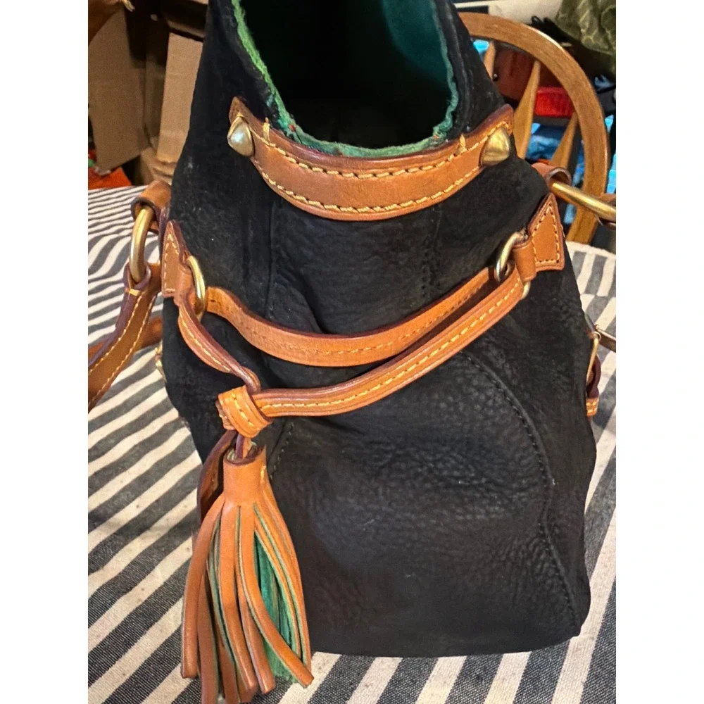 Dooney & Bourke Black Florentine Leather Satchel Bag Ginger Trim Tassel Large